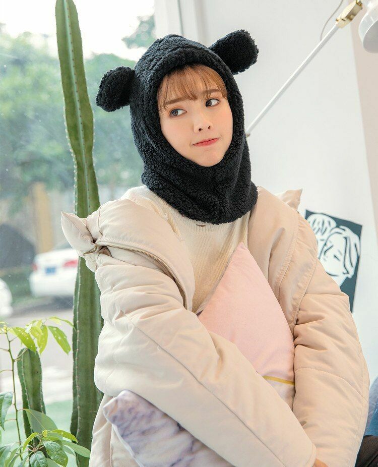 Warm Hats Winter Cute Bear Ears Windproof Neck Scarf Cap Student Women Cashmere
