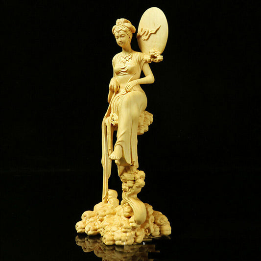 7" Boxwood Wood Carving Chang'e Statue Mythological Figure Sculpture Collection