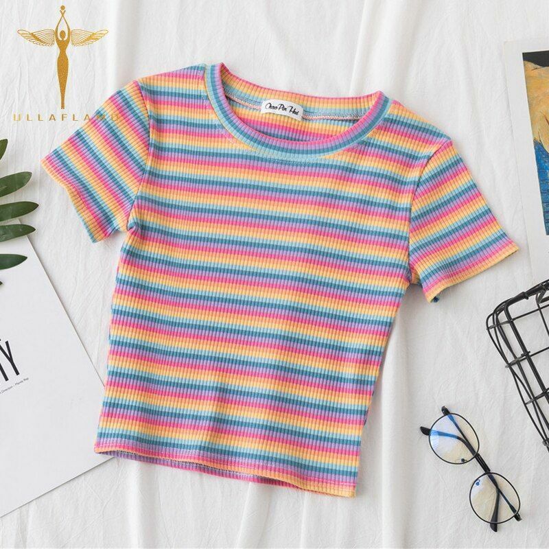 Women T-shirt Cotton Striped Top Short Sleeve Skinny Stitching Punk Crop Regular