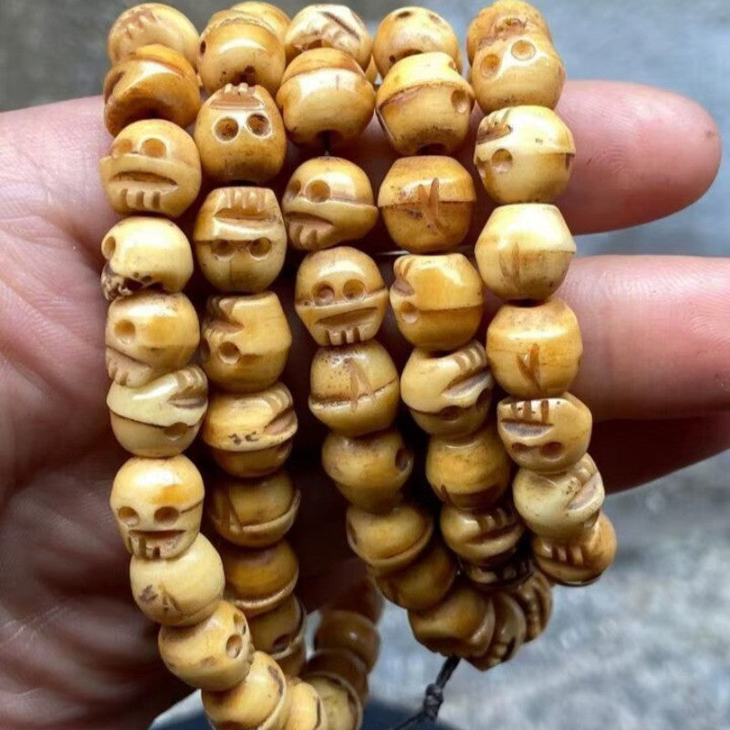Vintage 108 Bead Buddhism Tibetan Yak Bone Skull Meditation Prayer Mala Necklace