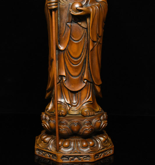 Chinese Buddhism Boxwood Wood Carve Stand Ksitigarbha Boddhisattva Buddha Statue