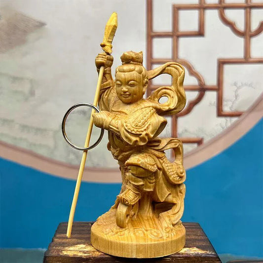 Cliff Cypress Wood Nezha Mythical Figure Statue Solid Wood Carving Home Decor