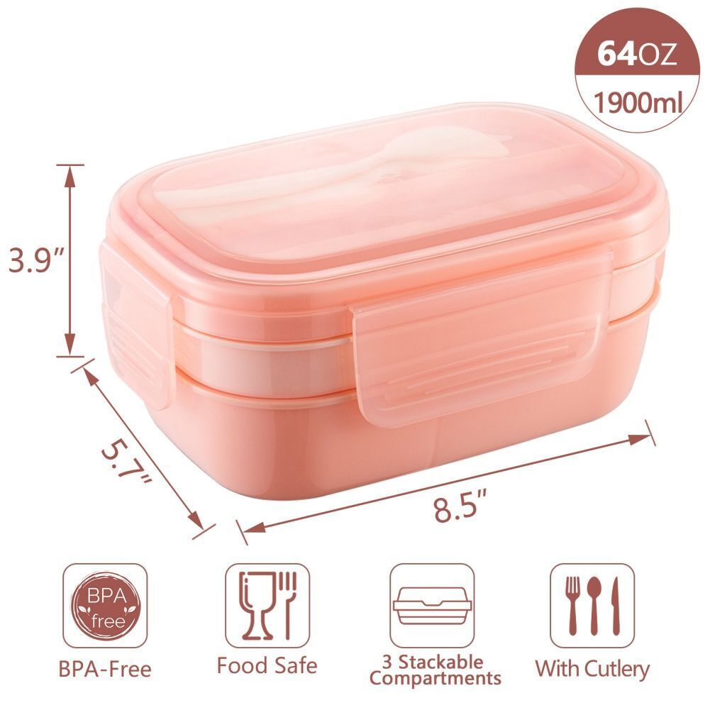 Bento Box 3 Layer Stackable Microwave Lunch Container Cutlery Set 21.5x14.5x10cm