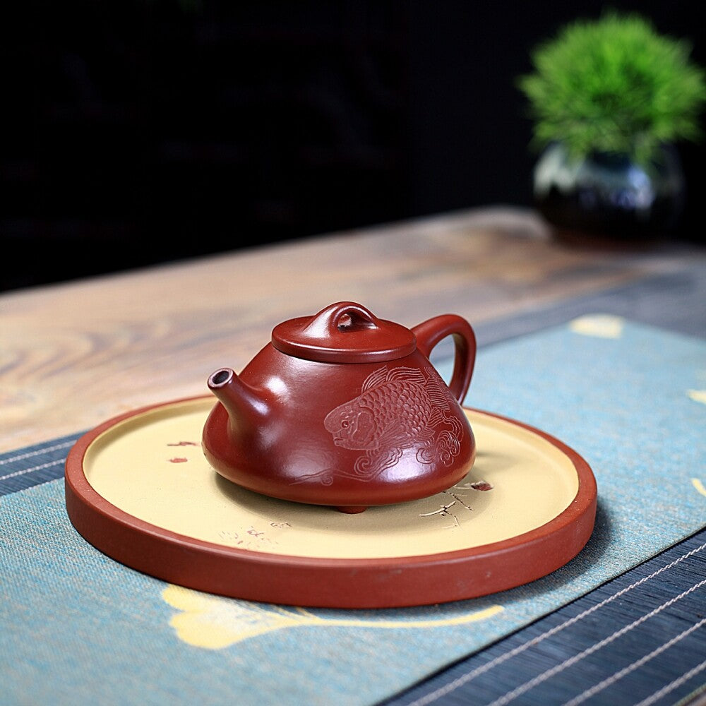 Full Handmade Tea Pot Carved Fish Ziye Shipiao Pot Marked Real Yixing Dahongpao