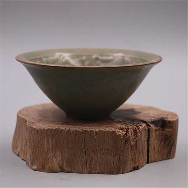 Chinese Song Yaozhou Kiln Celadon Glaze Porcelain Carved Flowers Bowl 4.1 Inch