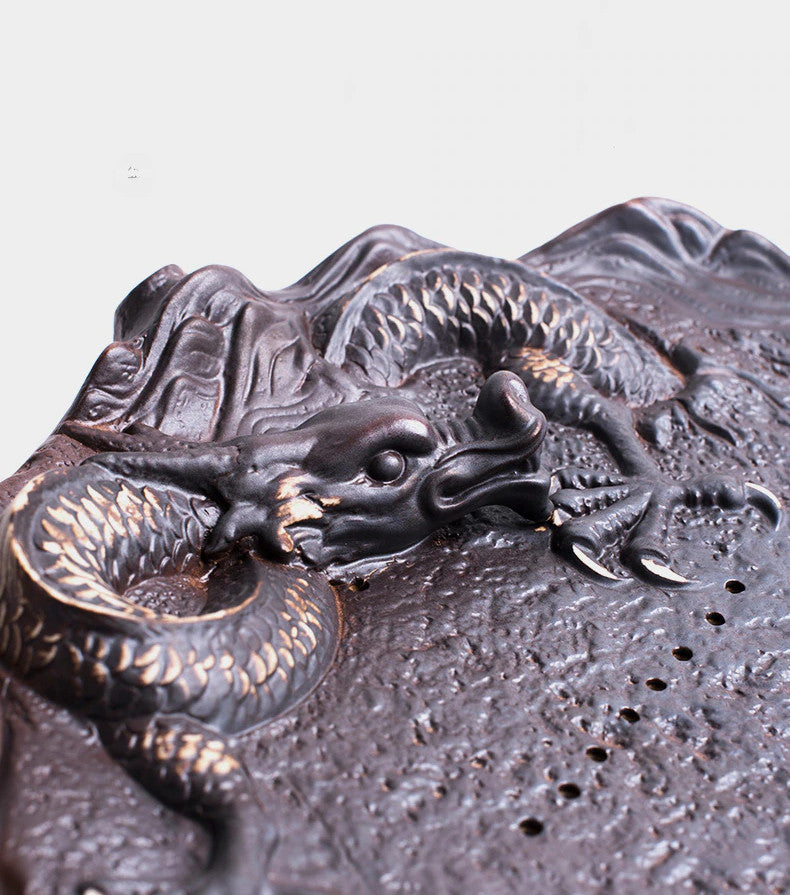 Ceramic Chinese Dragon Tea Tray Round Water Storage Drip Drainage Serving Tray