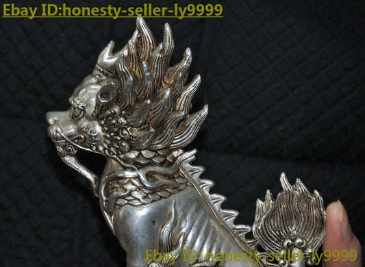 5.8" China Tibetan Silver Exorcize Kylin Kirin Chi-Lin Kilin Qilin Animal Statue