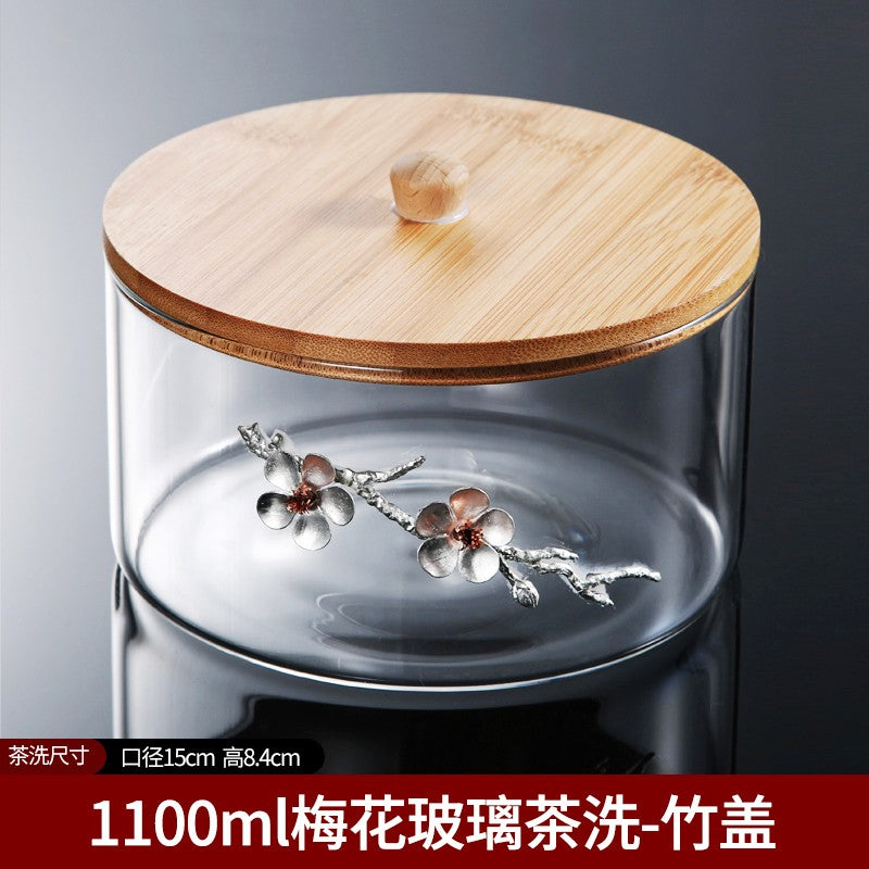 Glass Tea Washing Tea Bowl with Lid Large Water Basin Home Tea Set Accessories