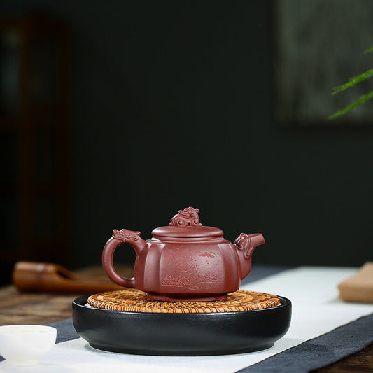 China Yixing Zisha Pottery Purple Clay Handmade 300cc Four Sides Dragon Teapot