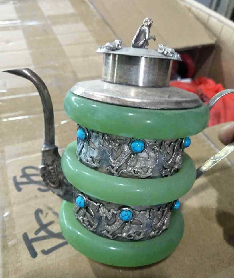 Old Chinese Tibetan-Silver Inlaid Jade Turquoise Dragon Teapot Collect