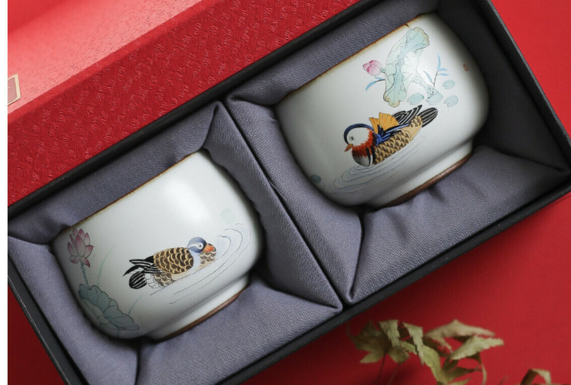 2-piece set of Chinese Song Dynasty antique master tea cups, Lu Yao citrus duck ceramic cups-