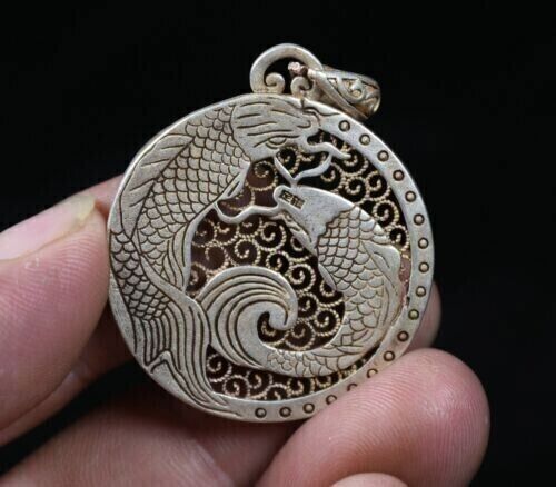 4CM Rare Old China Miao Silver Feng Shui Double Fish Pendant Amulet Necklace