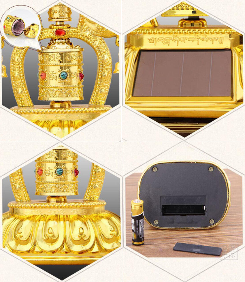 Battery/Solar Prayer Wheel Arch w/ Bells Luck Signs Buddha Mantras OM w/ Gifts