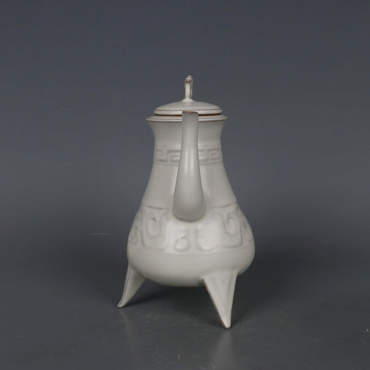 7.4" China Song Porcelain Ru Kiln White Glaze Animal Phoenix Three Foot Teapot