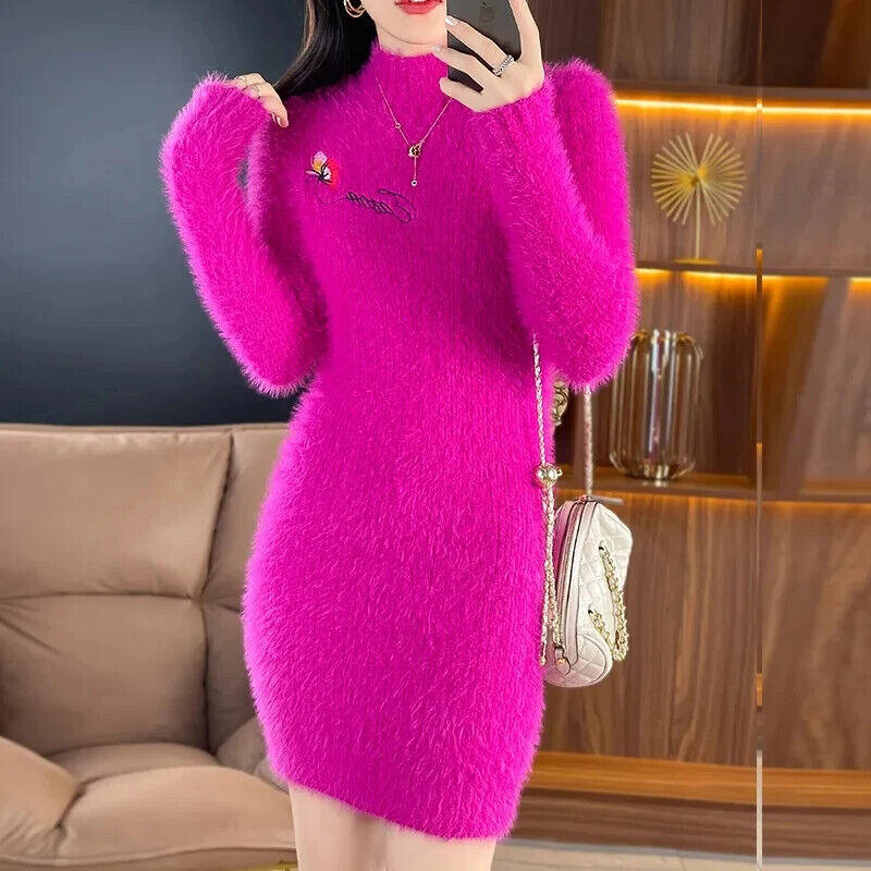 Autumn Winter Mink Fleece Dress Women Sweater Dress Base Shirt Mini Dress
