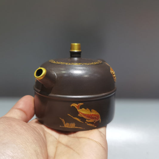 Chinese Yixing Zisha Clay Handmade Exquisite Teapot(描金腰线汉铎壶 低款:顾景舟)