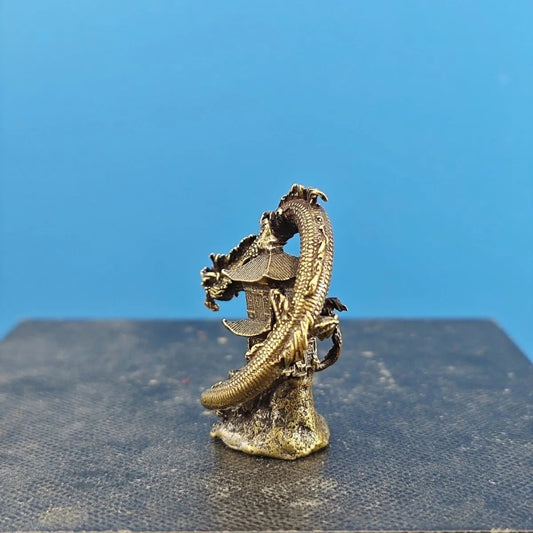1.4" China Artware Vintage Brass Dragon Tower Mini Statue Bonsai Rockery Decor