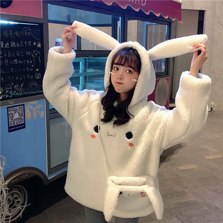 Women Girl Japanese Kawaii Hoodie +Bag Thicken Sherpa Sweatshirt Jumper Harajuku