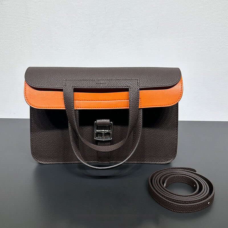 (25/29cm) Genuine Cowhide Leather Fold-Over Tote Clutch Messenger Shoulder bag