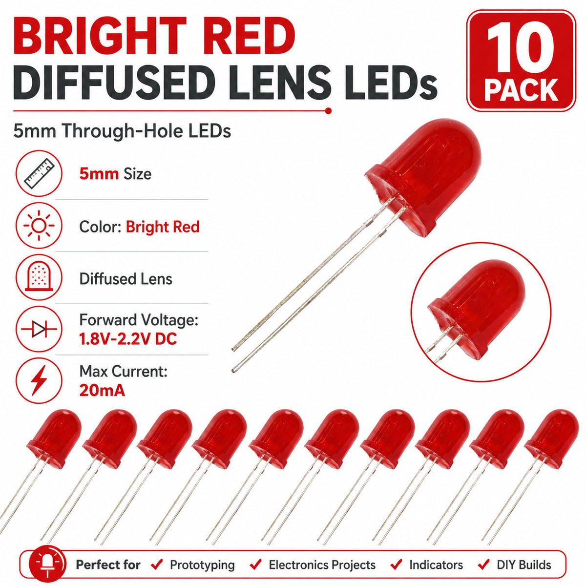 10mm Jumbo Red Diffused LED, 2-Pin Round, 1.8-2.2V 20mA - 100 Pack