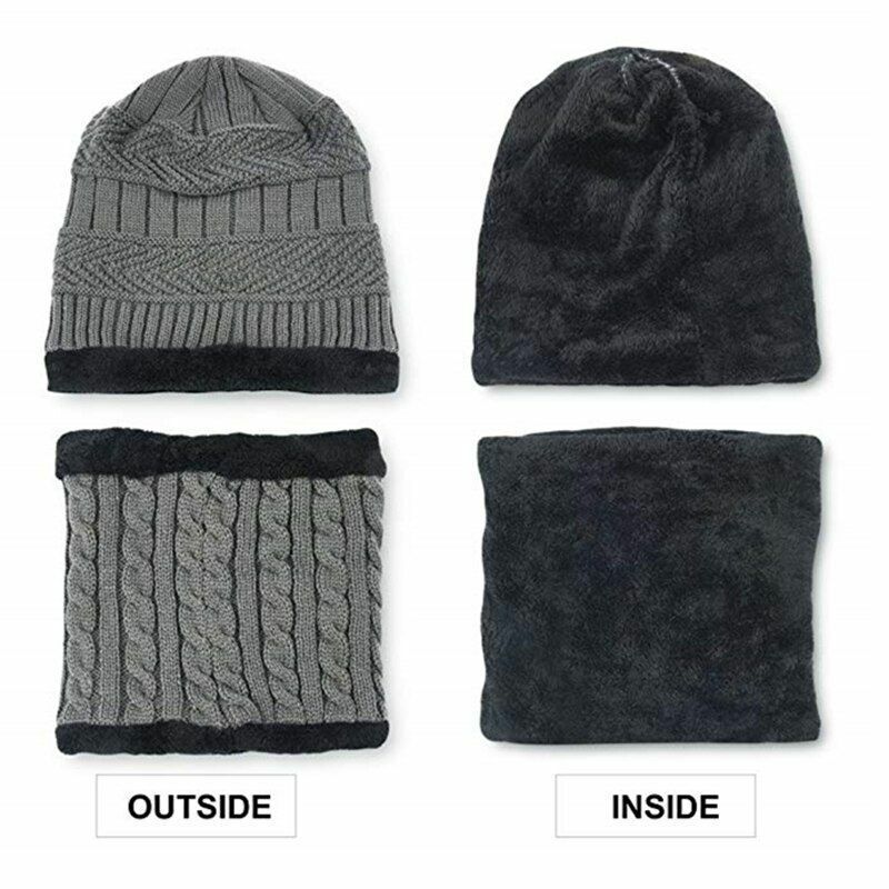 Winter Beanie Hat Scarf Set Soft Fleece Inner Lining Stretchy Knit Cap Elastic