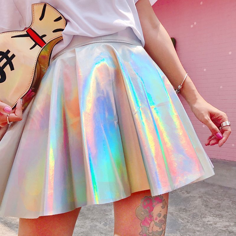 Women Mini Skirt Lycra Lanon Rainbow Fashion Casual Sexy Laser Hight Waist Dress