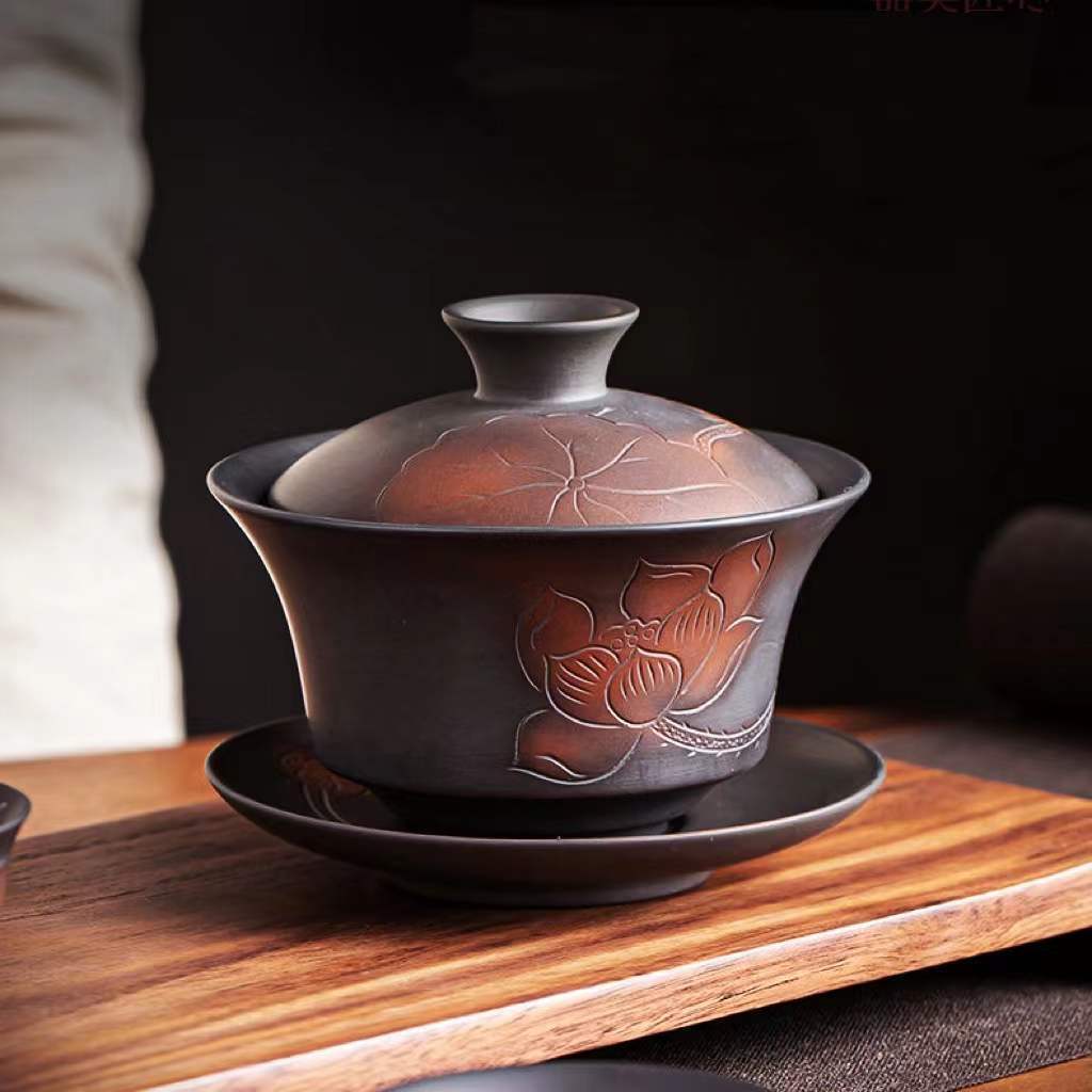 Handmade Purple Pottery Cover Bowl Embossed Bowl Cup Tea Bowl Kung Fu Bowl