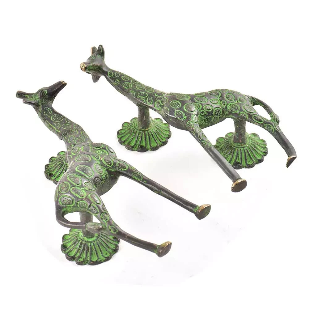 Set of 2 Antique Look Brass Decorative Green Patina Giraffe Door Handle