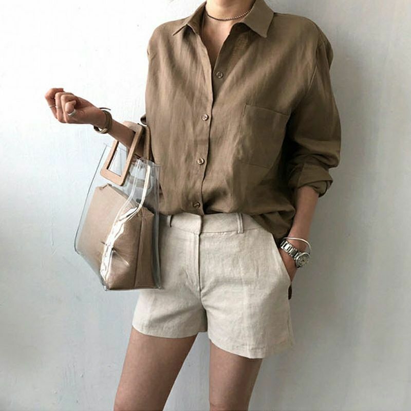 Womens V Neck Solid Linen Shirt Blouse Ladies Long Sleeve Casual Baggy Tops Tee