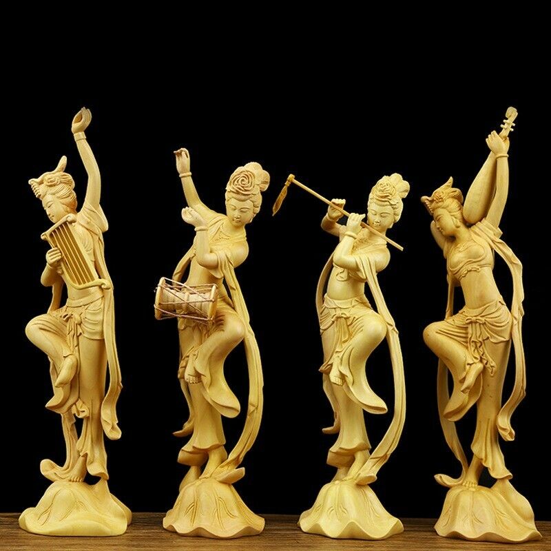 1set 4pcs Chinese Boxwood Huang-yang wood carving Flying Beauty girl Statue #66