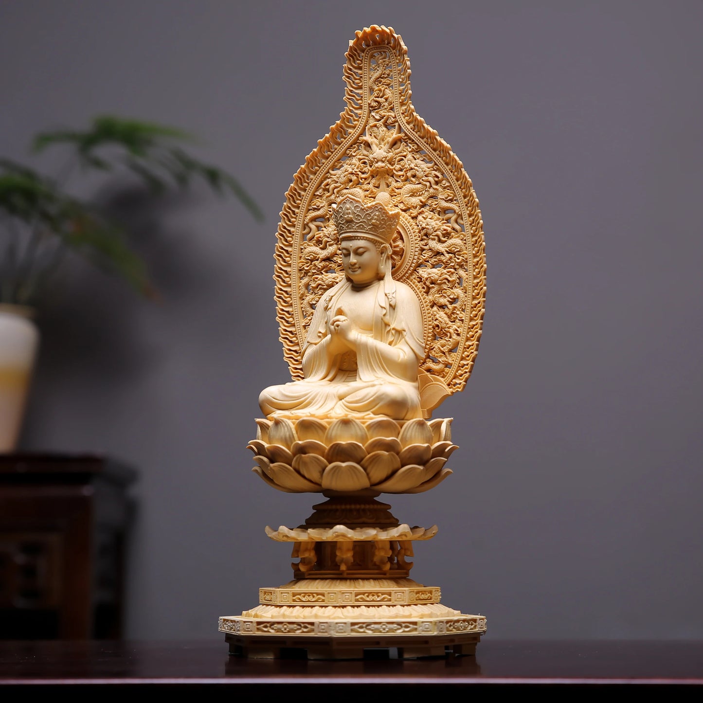 Wood Carved Mahavairocana Kuan Yin Bodhisattva Statue for Home or Temple Worship