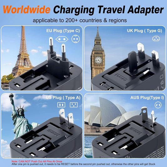 Universal Travel Adapter Fast Charger, Worldwide Plug Adapter 2 USB C PD3.0 & 2