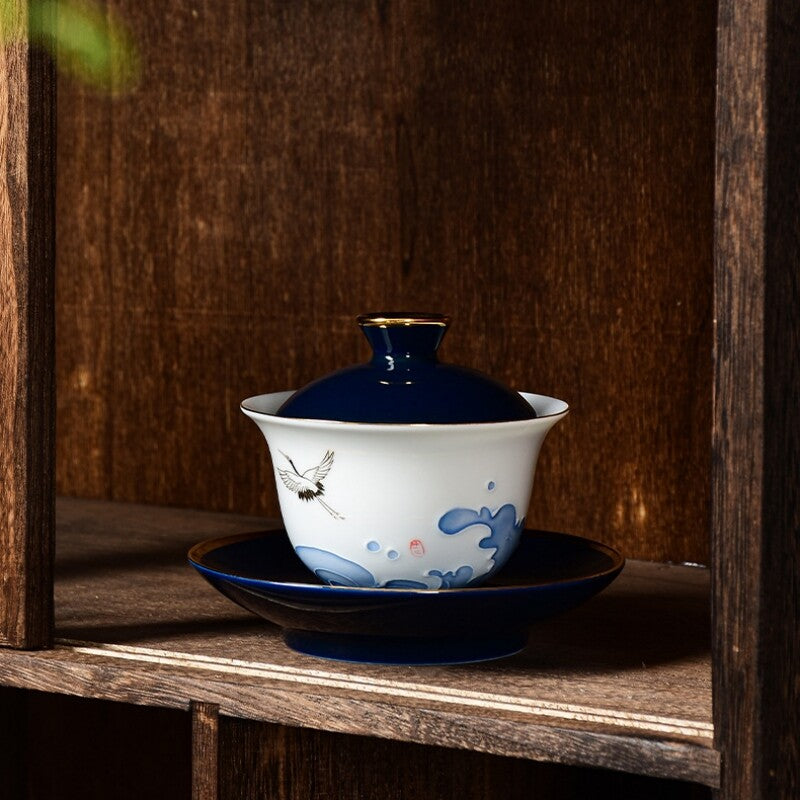 Hand Painted Crane Porcelain Gaiwan Sancai Bowl Saucer Lid 150ml Ceramic Tureen