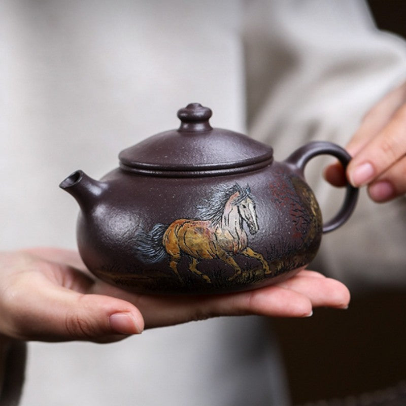 Handmade Tea Pot 14 Infuser Holes Horse Carved Real Yixing Zisha Old Purple Clay