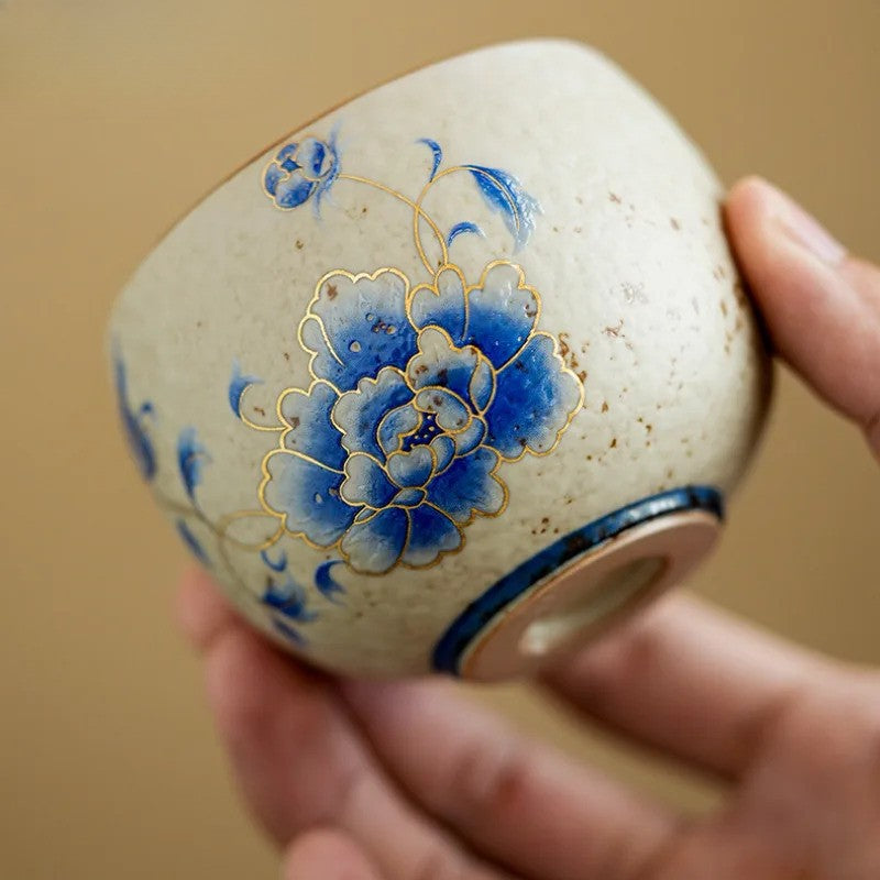 Gold Blue Peony Teacup Handmade Tea Bowl Tea-tasting Personal Cup Master Cups