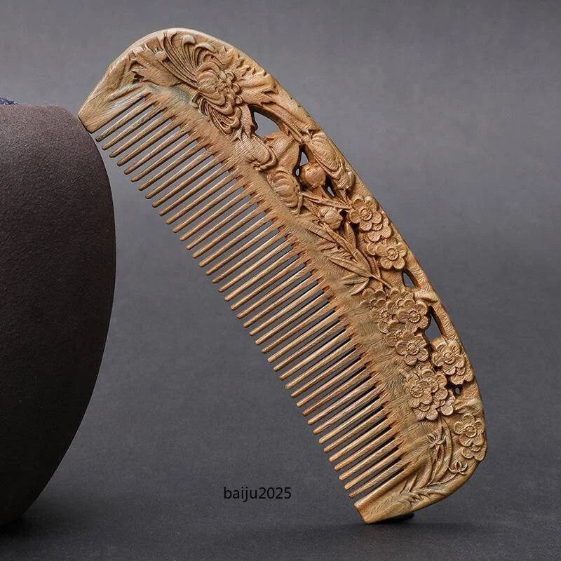 Natural Green Sandalwood Comb Double Sided Carved Fine Tooth Massage Scalp Wood