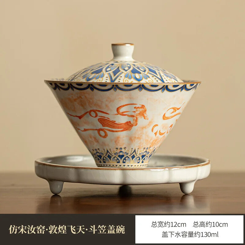 Jingdezhen Ceramics Rubbing Dunhuang Tureen Tea Set Bamboo Hat Horseshoe Gaiwan