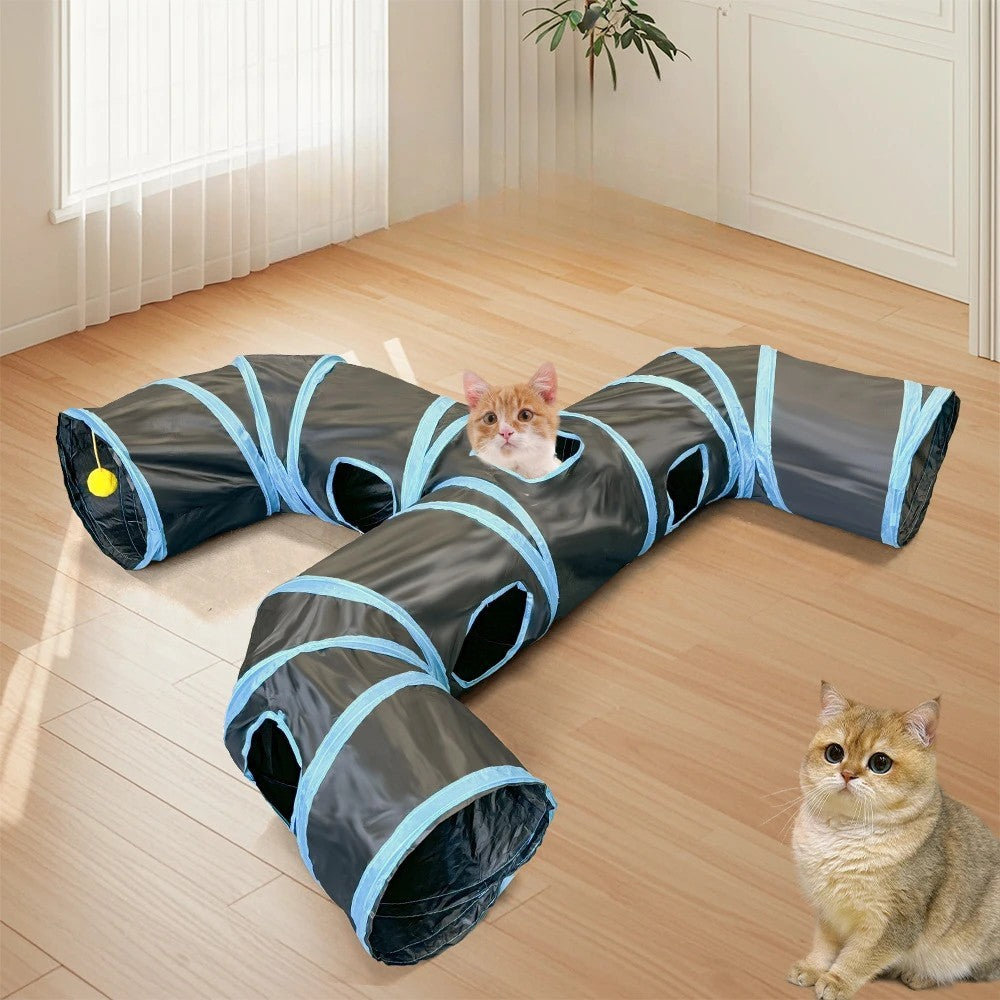 Blue Three Ways Pet Play Tunnel Cubes Foldable Drill Barrel Bending Cat Kitty