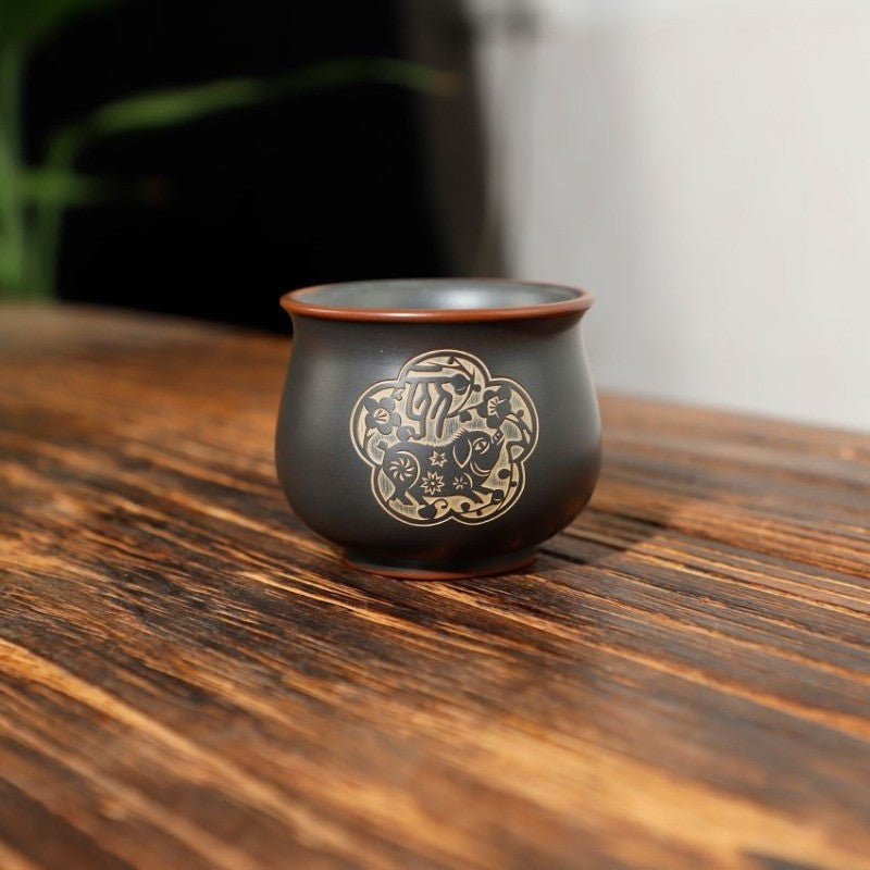 70ml Chinese Purple Pottery Handcarved Twelve Zodiac Master Cup Kungfu Teaware