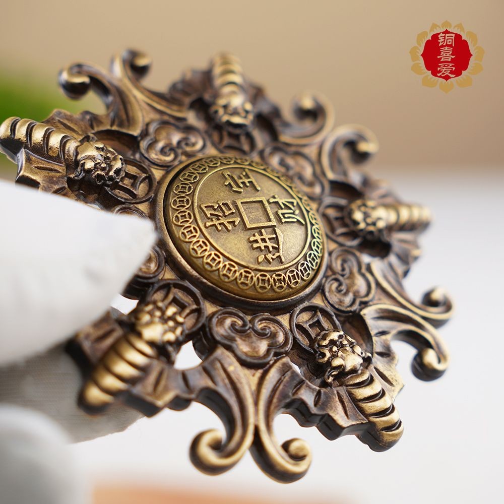 Brass Five Blessings Spinning Coin Hand Piece Fengshui Fortune Fidget Toy 6.8cm