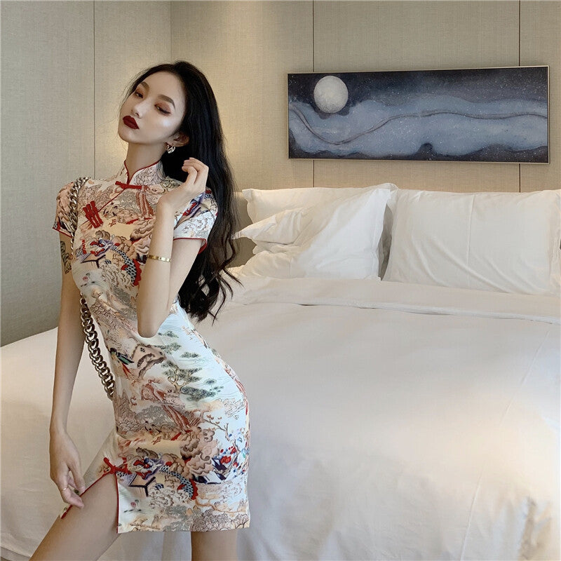 Retro Women Bodycon Dress Floral Cheongsam Side Slit Chinese Classic Slim Qipao