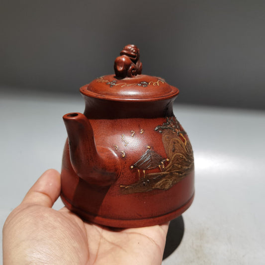 Chinese Yixing Zisha Clay Handmade Exquisite Teapot(泥绘壶 底款:陈信卿)