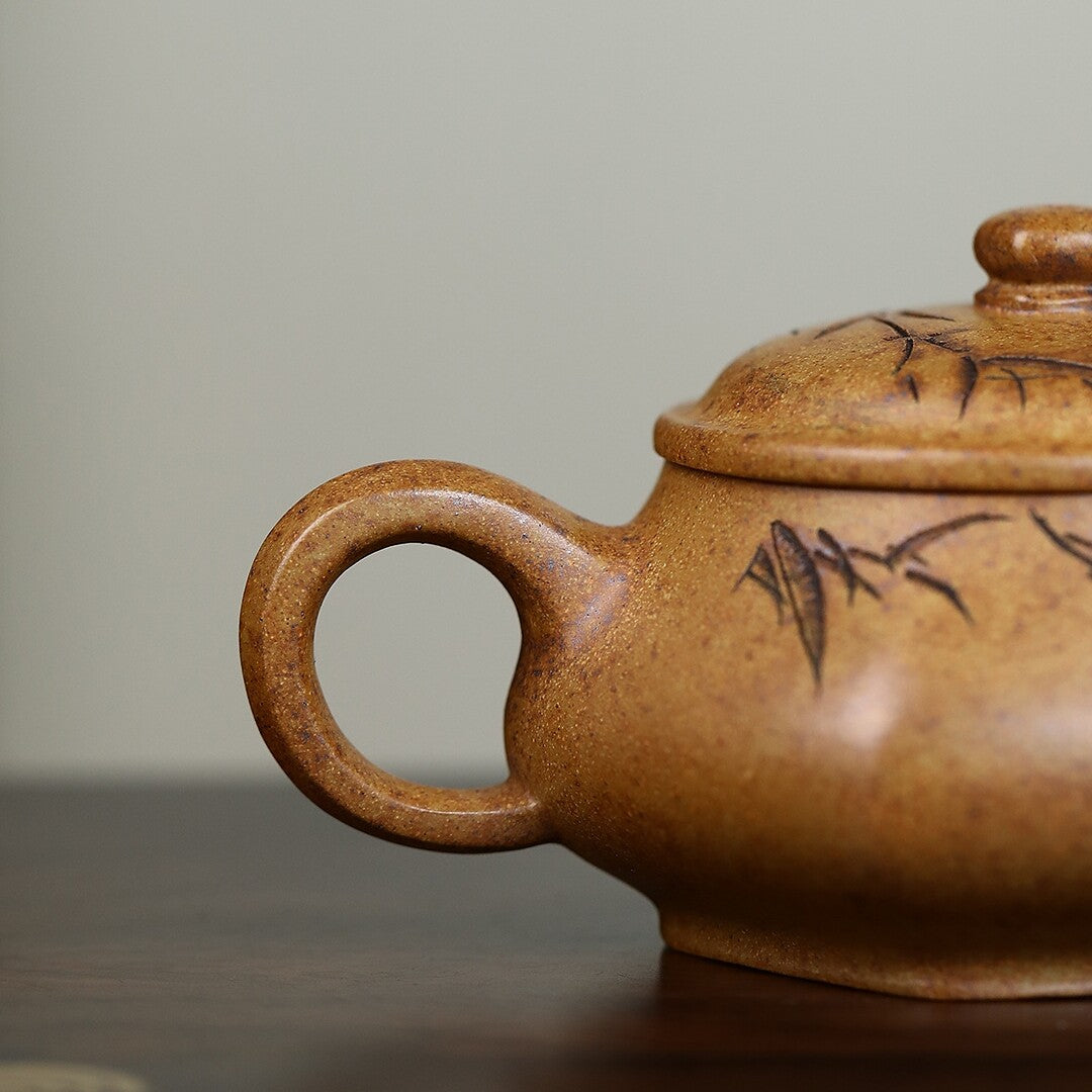 Chinese Tea Pot Bamboo Carved Handmade Pot 9 Infuser Hole Original Ore Duan Clay