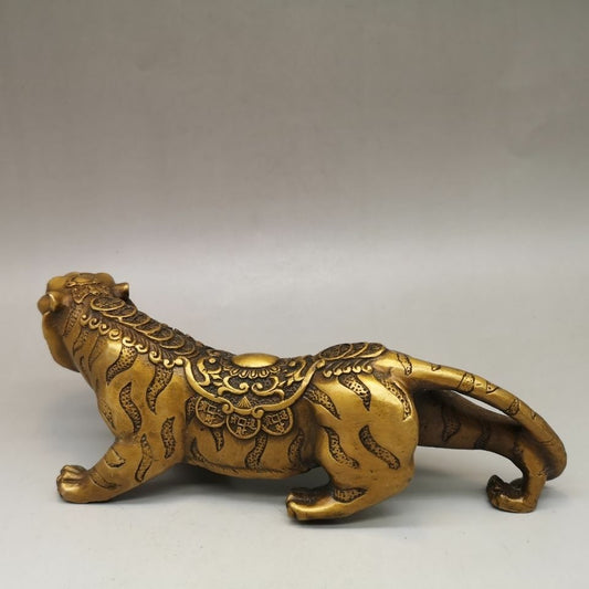 9.8" Chinese Antique Brass Tiger Ornament Statue