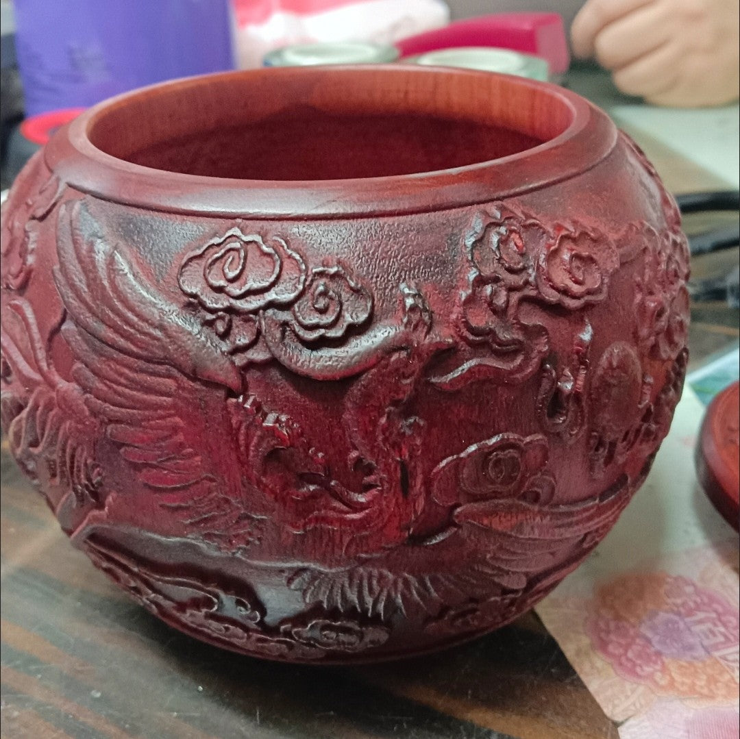 Red Sandalwood Tea Caddy Dragon Phoenix Carved Solid Wood Moistureproof Jar