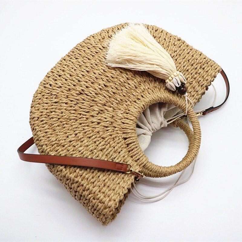 Straw Bag Spring/Summer Casual Round Handle Thick Woven Shopping Bag 36*23*11 CM