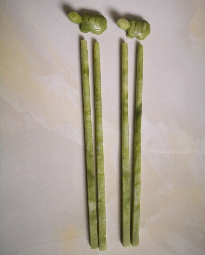 2 Pair Nephrite Spinach Natural Jade Vintage Chopsticks+bracket