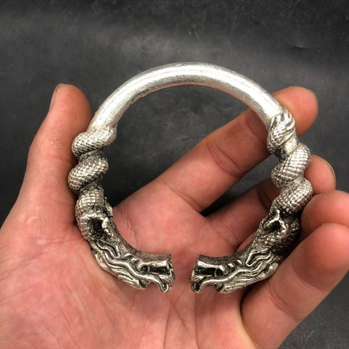 Vintage Copper Double Dragon Bracelet - Handmade Open Cuff Dragon Bangle Jewelry