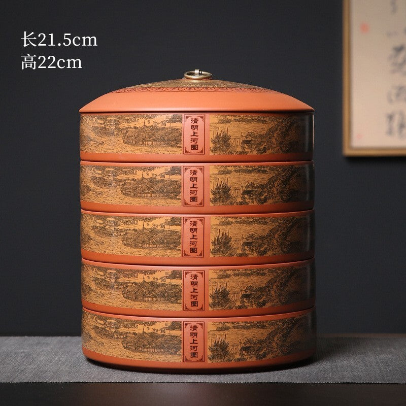 Yixing Zisha Tea Storage Box Along River During the Qingming Jar For Pu'er Tea