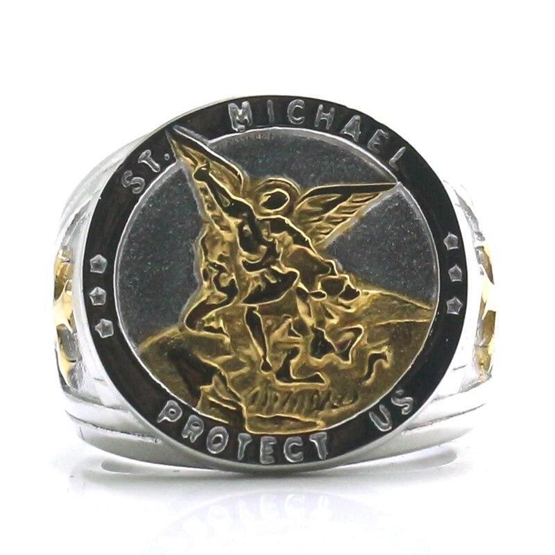 Stainless Steel Catholic Cross Men Ring Saint Michael Protect Band Signet Ring